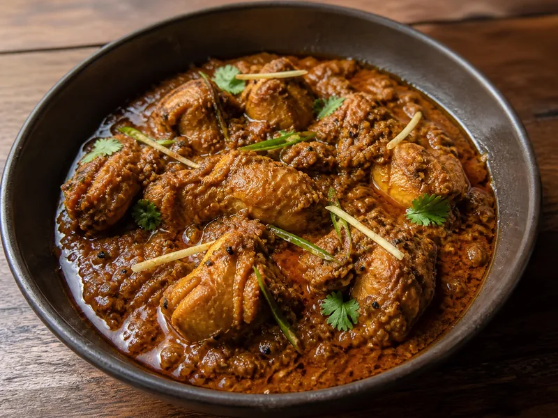 Achari Chicken w gęstym pomarańczowym sosie z przyprawami.